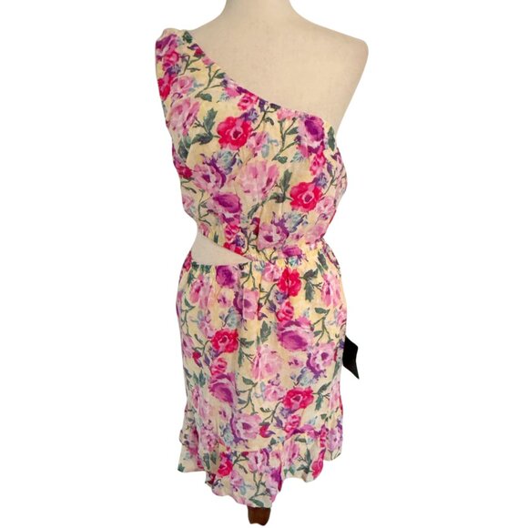 NWT Lulus Floral Cut Out Sundress Sleeveless Pink Yellow One Shoulder Size Large - Picture 2 of 11